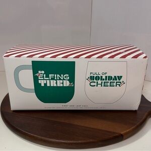 BNIB Indigo Christmas “So Elfing Tired” Mug & “Full of Holiday Cheer”Wine Glass